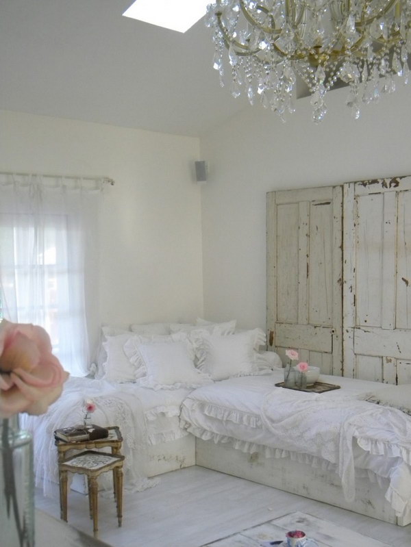 Charming Shabby Chic Living Room With Crystal Chandelier and Vintage Doors 