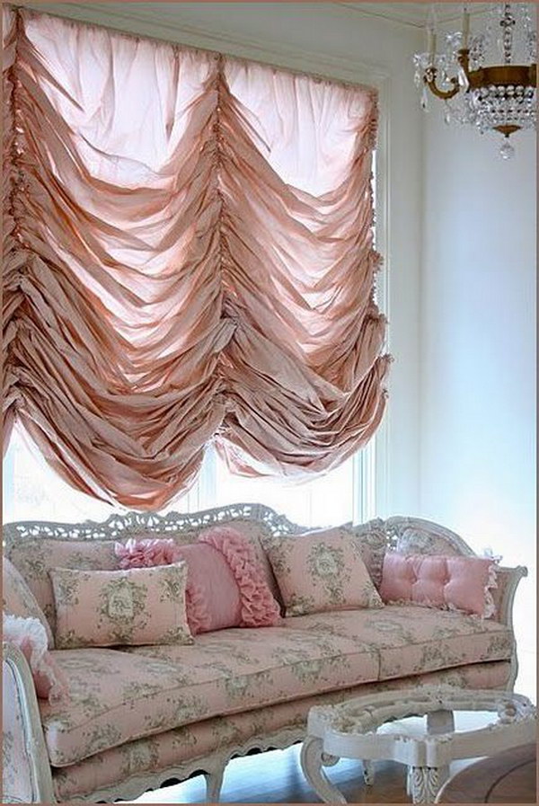  Shabby Chic Living Room with Blush Pink Draping Curtain Idea 