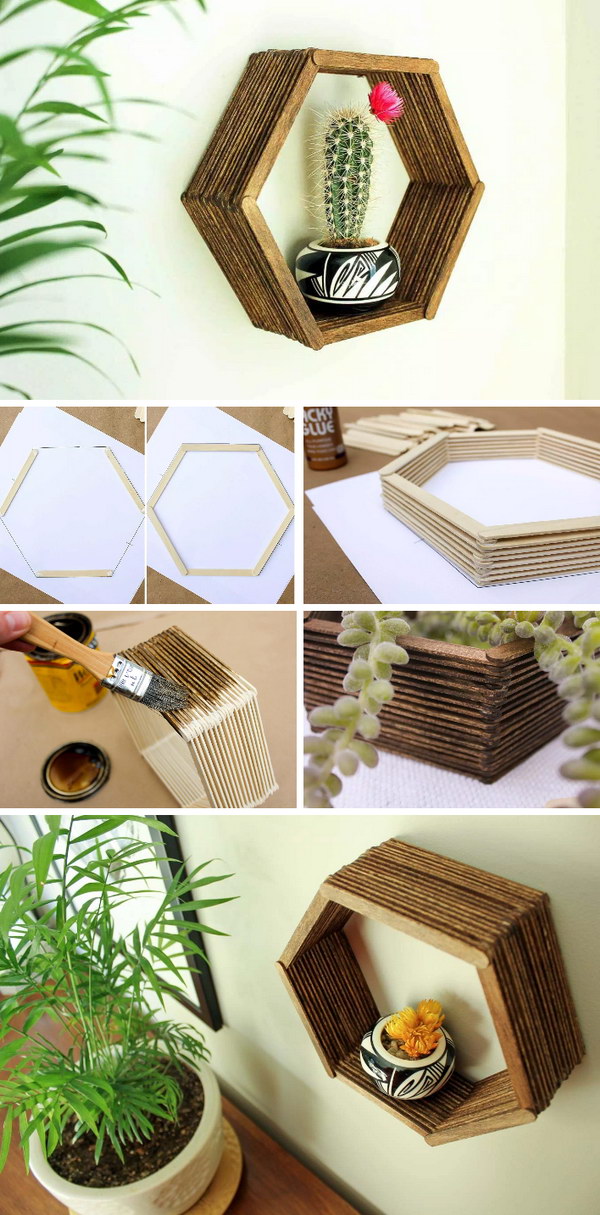 DIY Popsicle Stick Hexagon Shelf. 