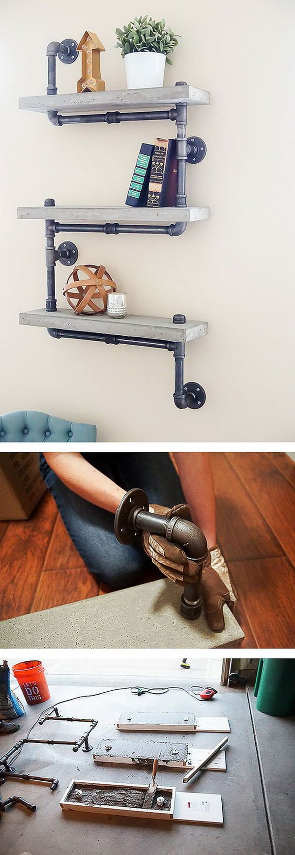 Industrial Chic Concrete and Pipe Shelves. 