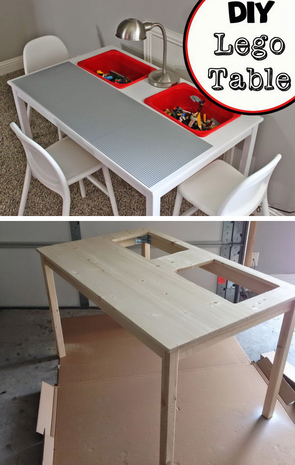 DIY Lego table made from IKEA Ingo Dining Table and IKEA Trofast Buckets. 