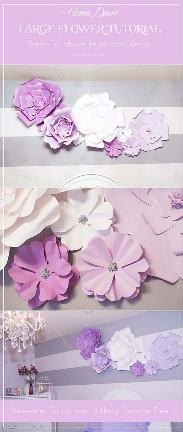 DIY Large Paper Flowers Blooms above Headboard 