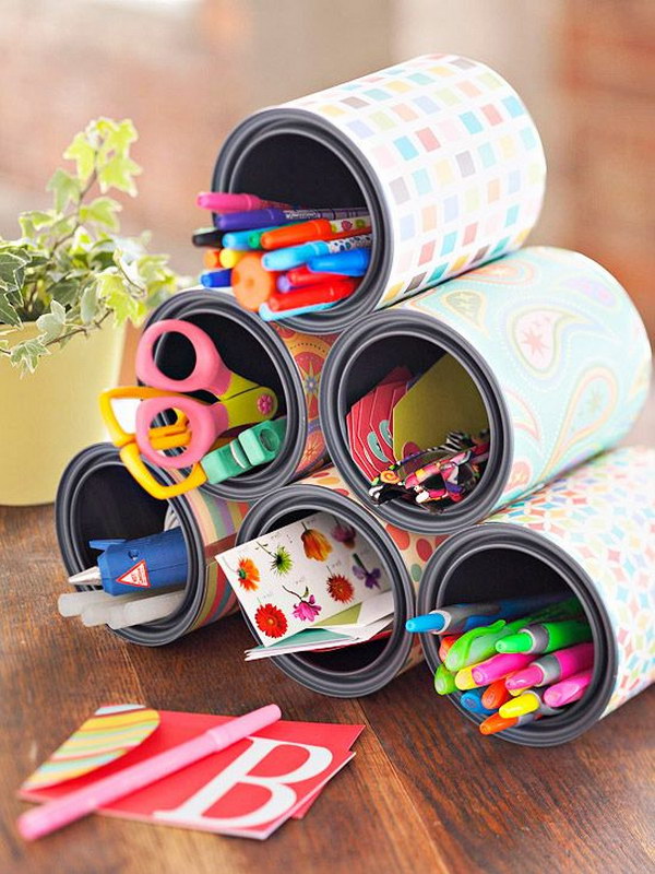 Craft Station Made out of Empty Paint Tins and Wrapping Paper