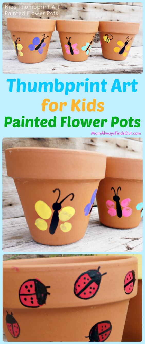 Thumbprint Paint Butterflies Or Ladybugs On Flower Pots. 