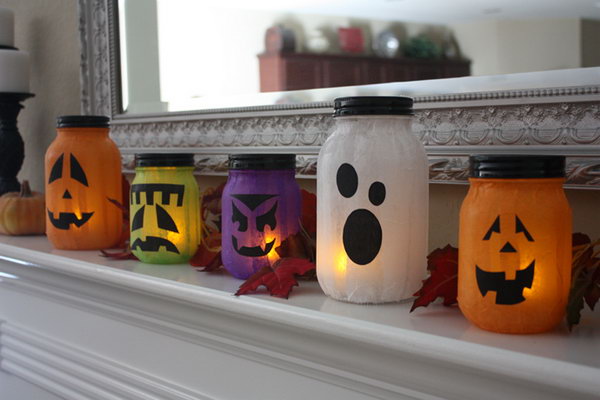 Mason Jar Pumpkin-less Jack-o-Lanterns. 