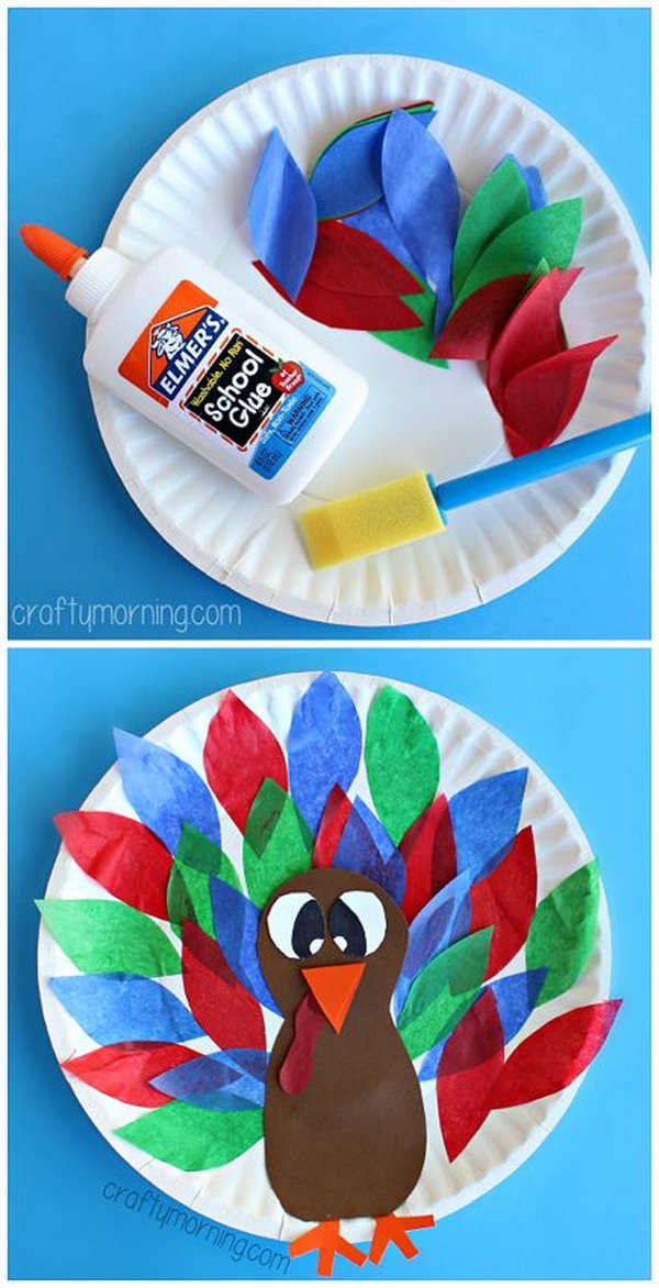 Paper Plate Turkey Craft Using Tissue Paper. 