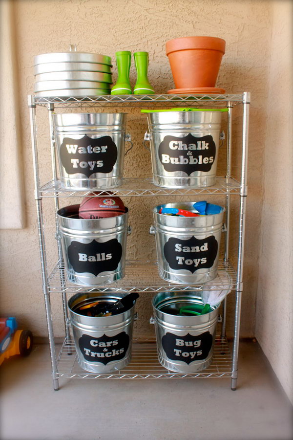 Organize Outside Toys With These Labeled Buckets