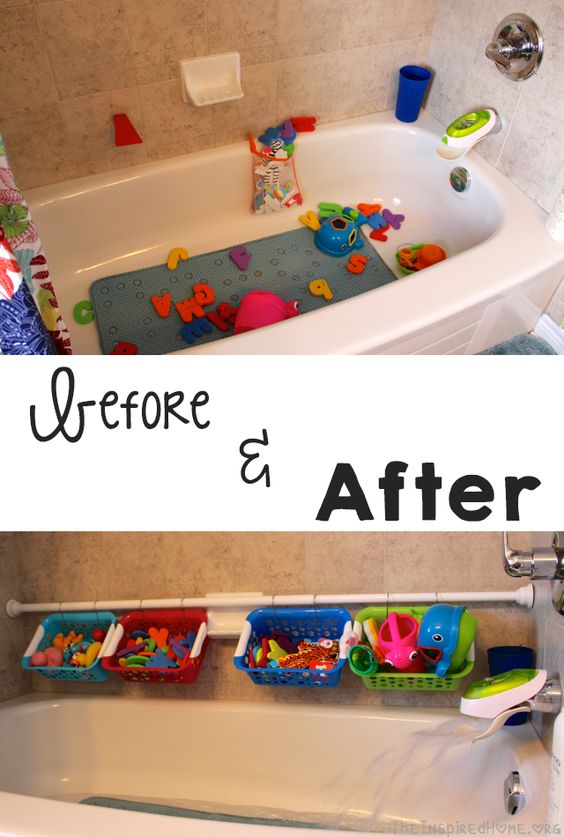 Use a Tension Shower Rod And Plastic Baskets to Organize All The Bath Toys. 