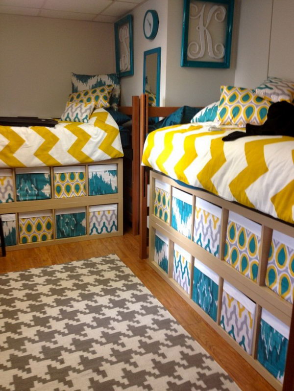 Custom-made Boxes for Extrta Storage Under the bed. Stylish and custom-made boxes fill up the unused space under these two dorm room beds. 