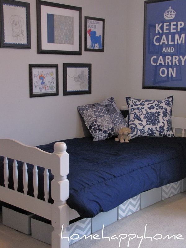 Painted Cardboard Box Under Bed Storage. Chevron patterns painted cardboard boxes is a great DIY solution for kids’ room if you’ve got moving boxes leftover from a move or have found some. Check out the tutorial 