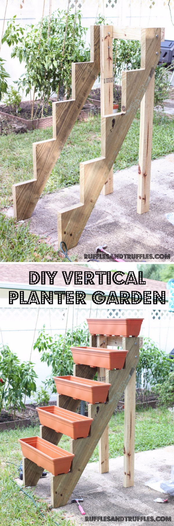 DIY Vertical Garden With Planters On Stair Risers. 