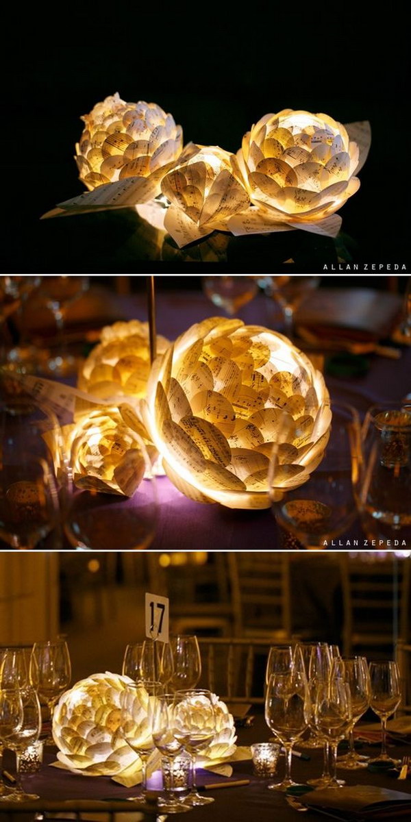 Paper Flowers With LED Lamp Inside Centerpieces. 