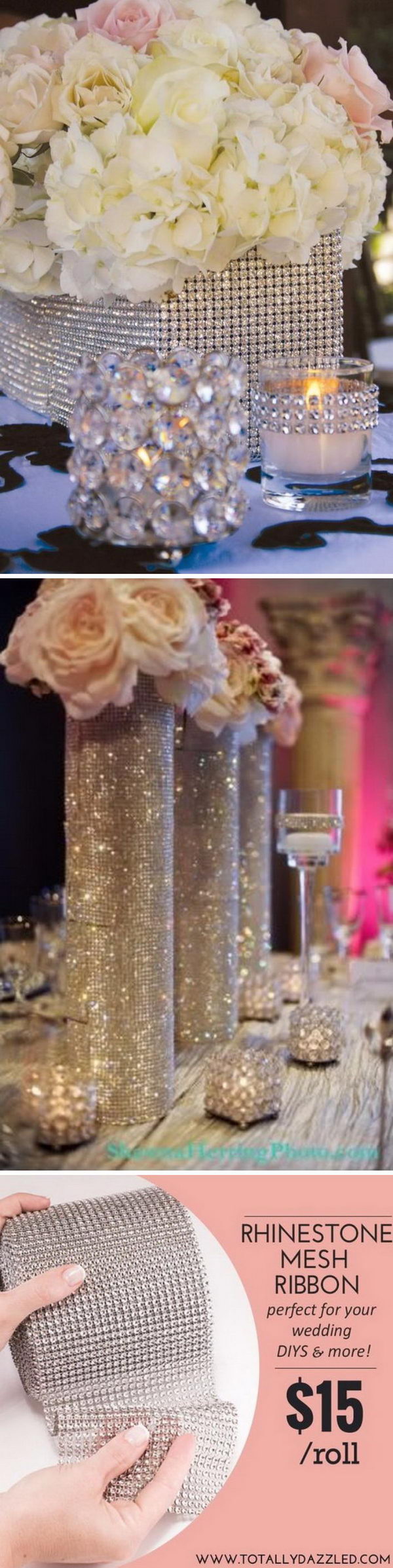 Diamond Mesh Wrapped Centerpieces. 