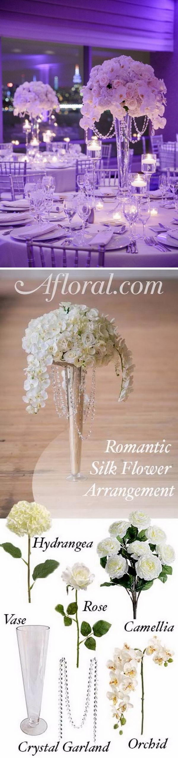 Tall Wedding Centerpiece with Crystals and Silk Flowers. 