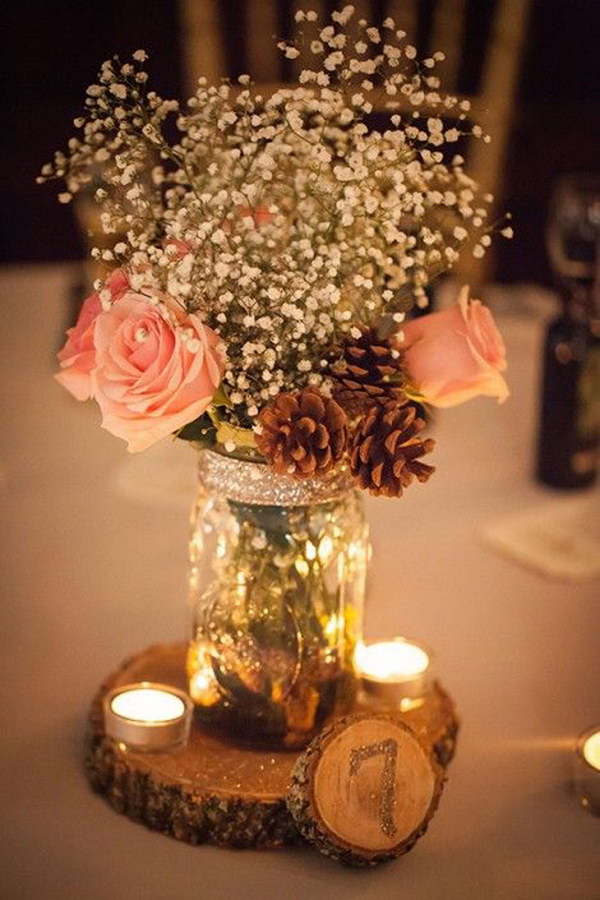 Stunning Rustic Mason Jar Centerpiece With Pine Cones, Candles And Wooden Table Number. 