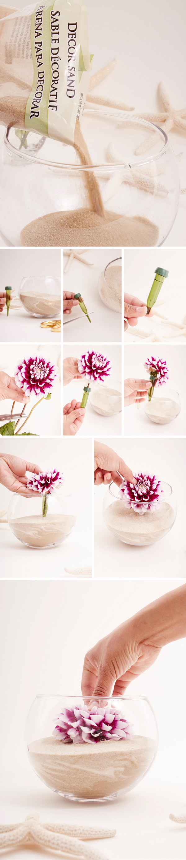 DIY Sand And Flowers Wedding Centerpieces. 