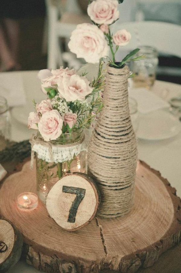 Lace Covered Mason Jar and Rope Wrapped Glass Bottle Vases. 