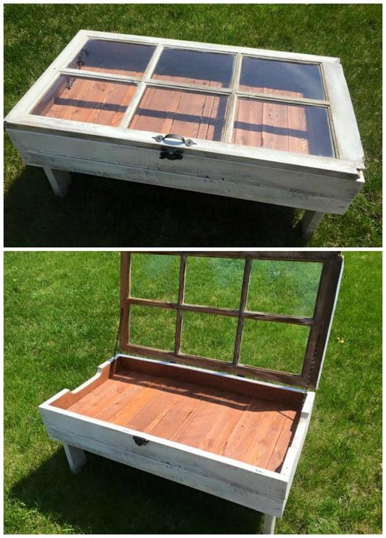 DIY Wood Pallet Window Coffee Table. 