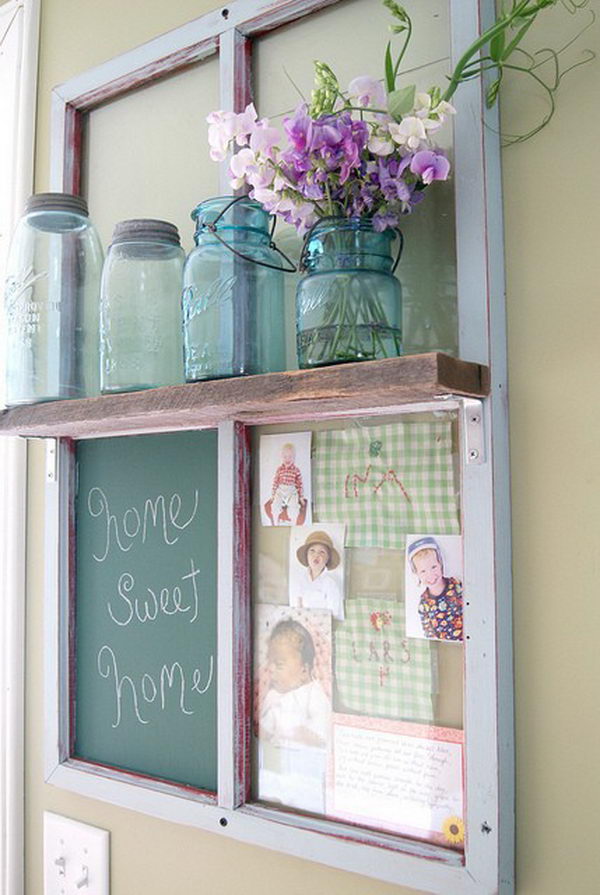 Window Frame On Wall With Shelf, Chalkboard And Picture Frame. 