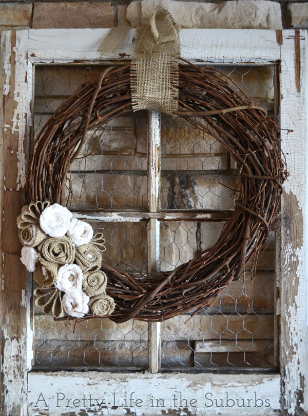 Old Window Wreath With Grapevine And Burlap. 