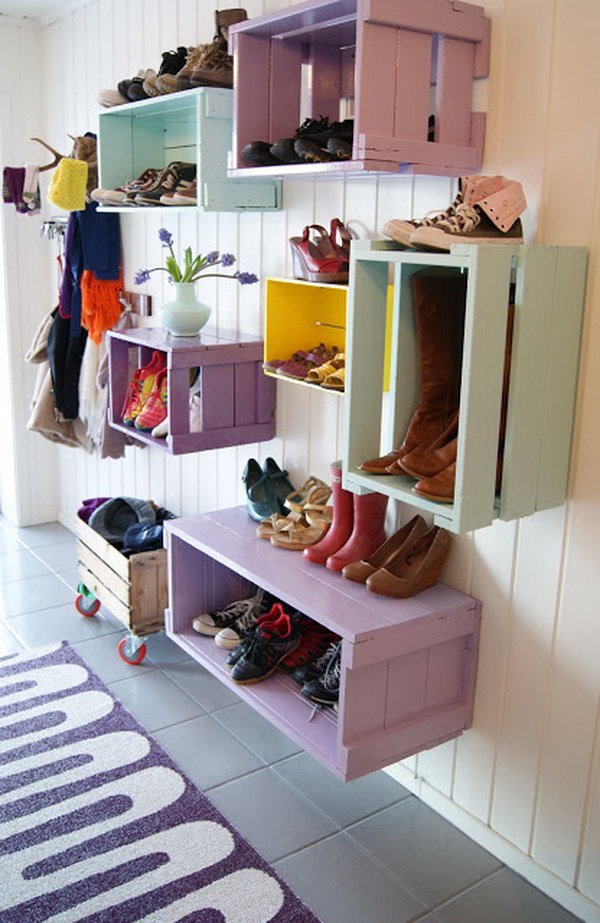 Wine Crates Shoe Racks on the Wall 