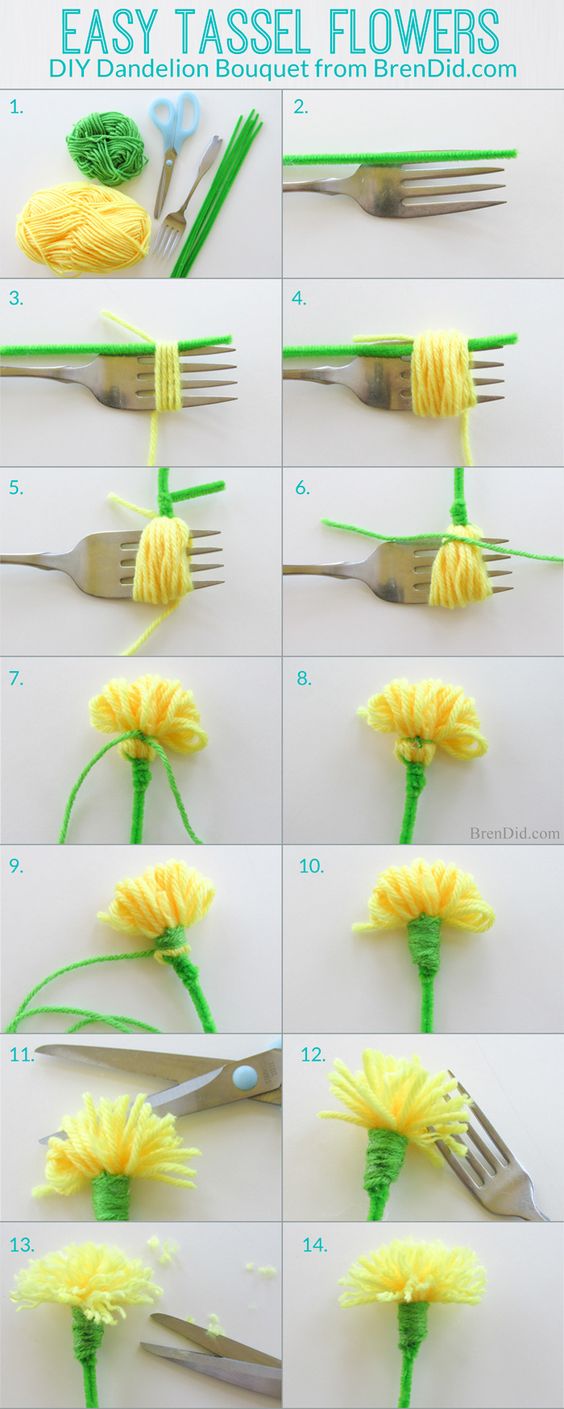 DIY Yarn Dandelion Bouquet Made From Tassels With A Pipe Cleaner Stem. 