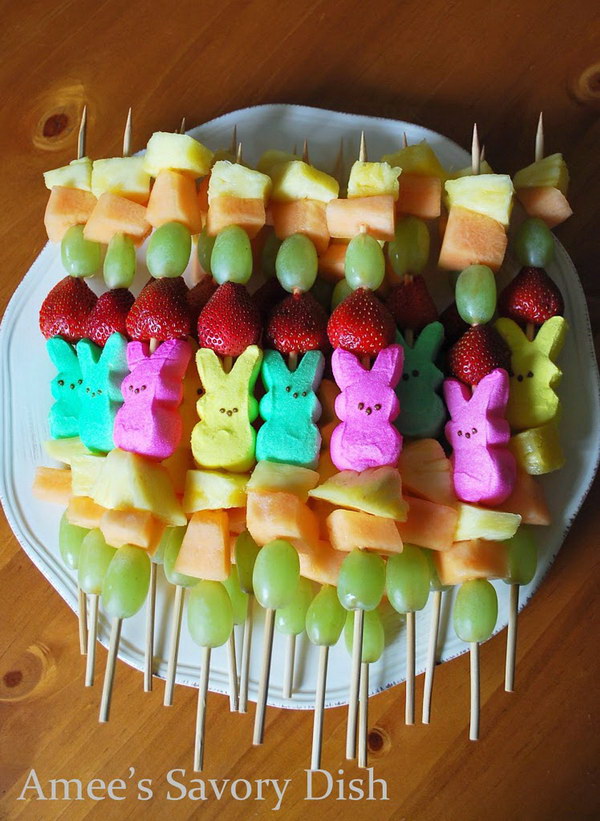 A fun and fast dessert idea for Easter, Peep Fruit Kabobs. 