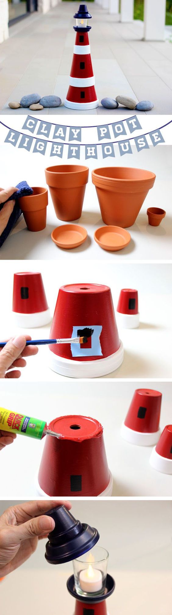 DIY Lighthouse Made From Terra Cotta Clay Pots. 