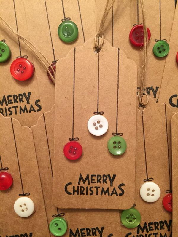 Christmas Gift Tags Made Out Of Brown Paper And Buttons. 