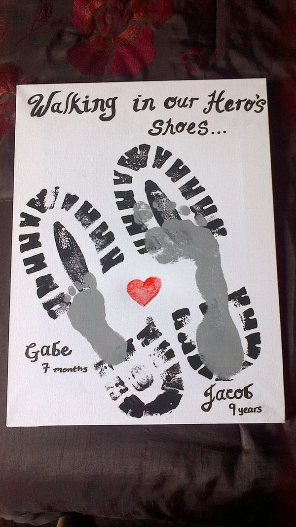 Footprint of Father and Son with Heart and Slogan: Walking in My Hero's shoes