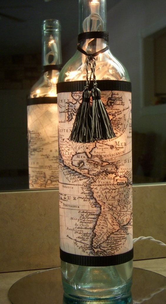 Map Decorated Wine Bottle Lamp. 