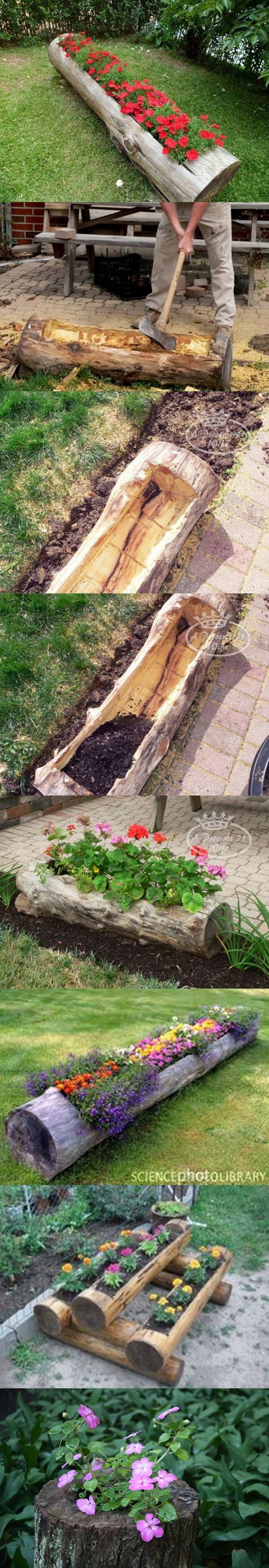 Make Beautiful Log Garden Planter. 