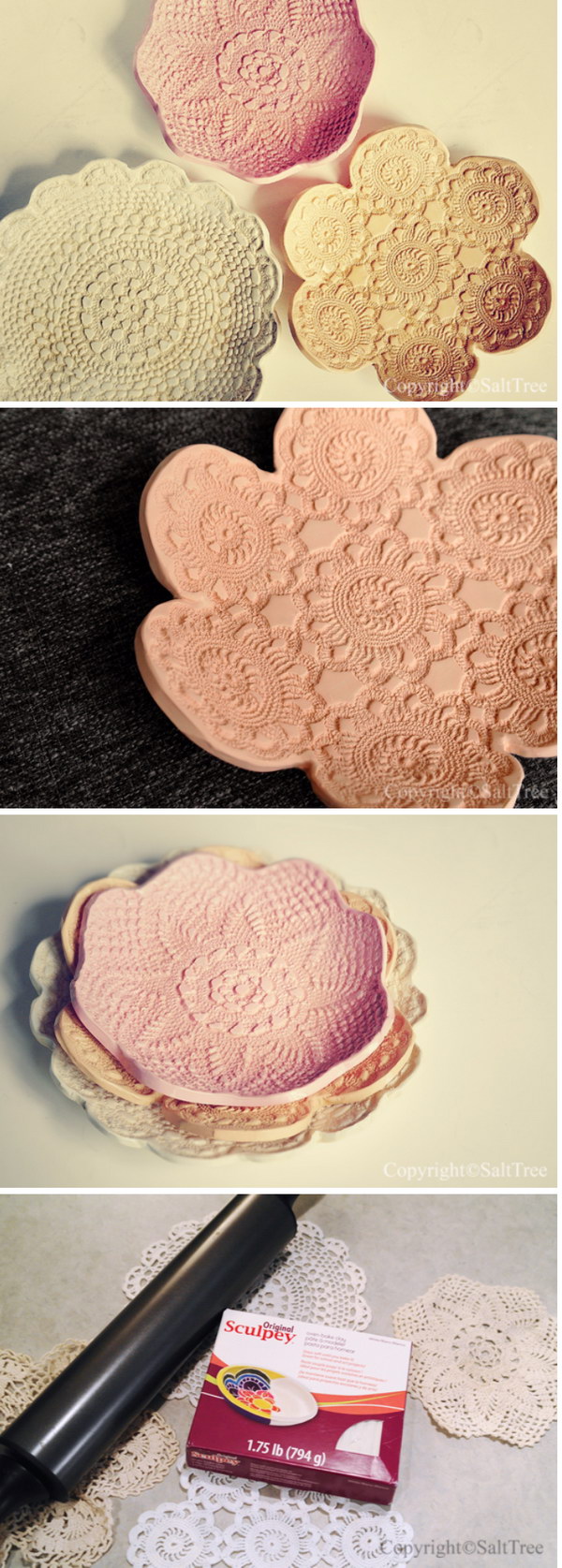 DIY Doily Pressed Clay Bowls. 