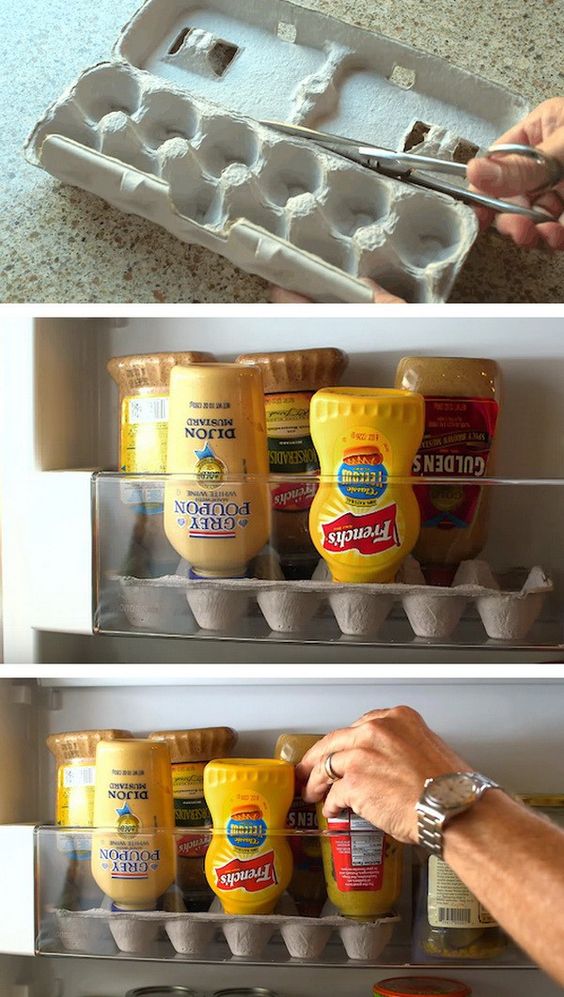 Store condiments upside down in an empty egg carton and makes it easier to squeeze out when needed. 
