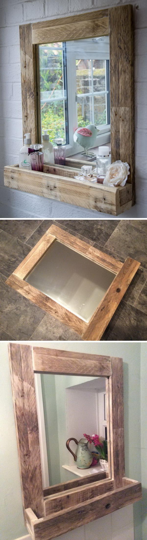 Rustic Wood Mirror With Storage Shelf. 