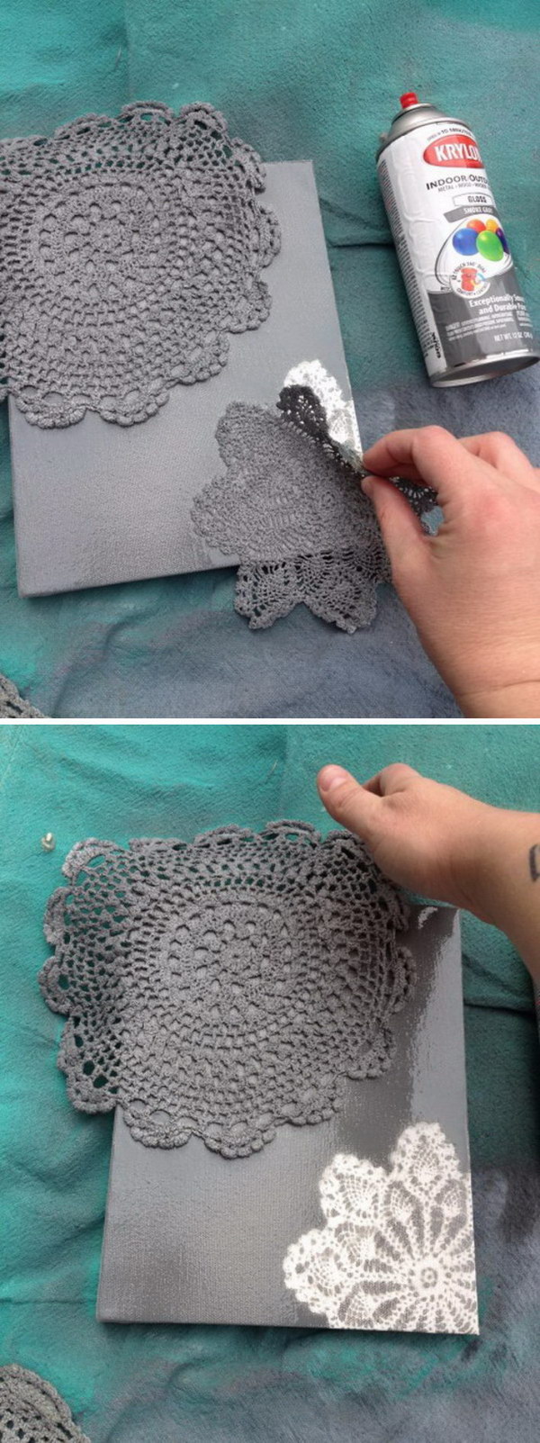 DIY Spray Painted Doily Canvas. 