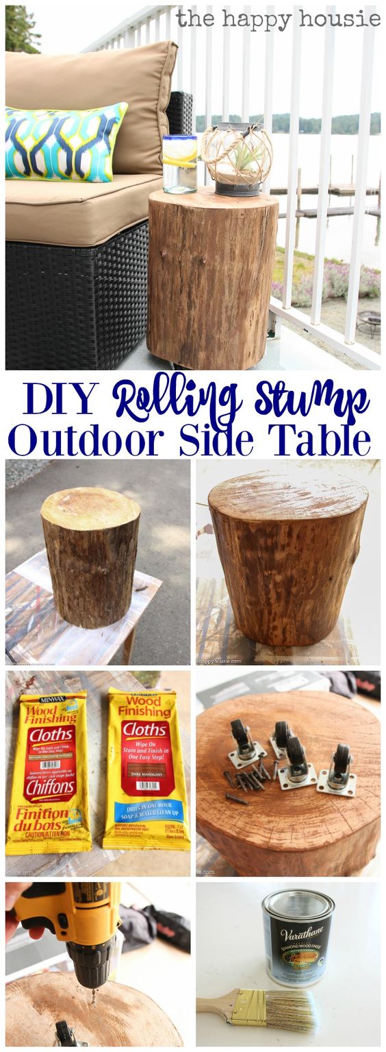 DIY Outdoor Rolling Stump Side Table. 