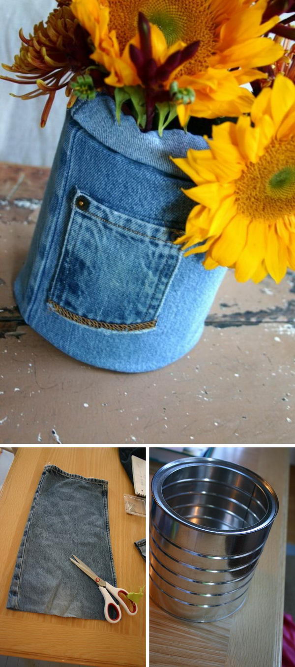 DIY Vase Made From Coffee Can And Part Of An Old Pair Of Jeans. 