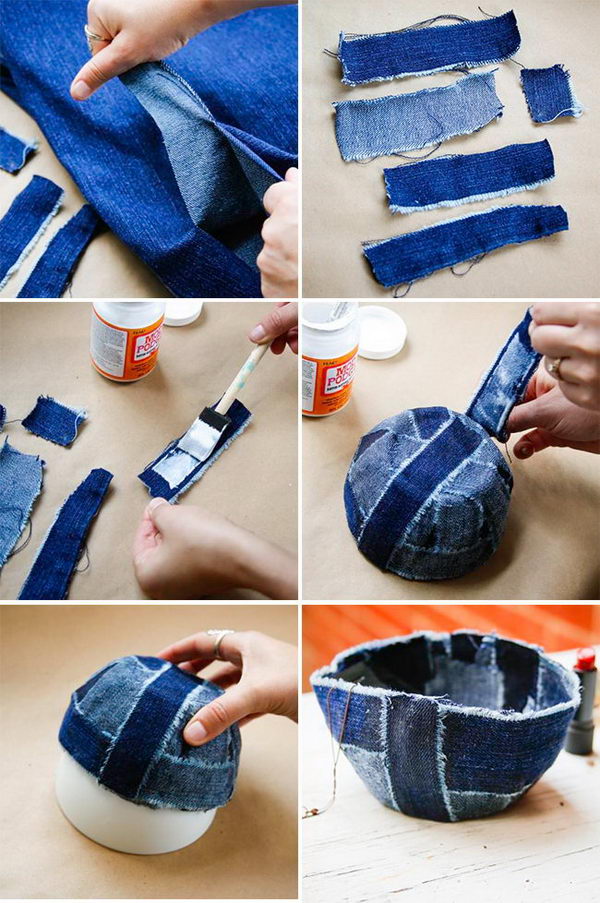 Recycle Old Jeans Into A Patchwork Jean Bowl. 