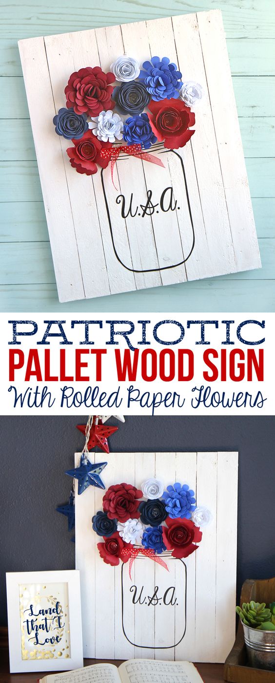 Patriotic Pallet Wood Sign with Rolled Paper Flowers. 