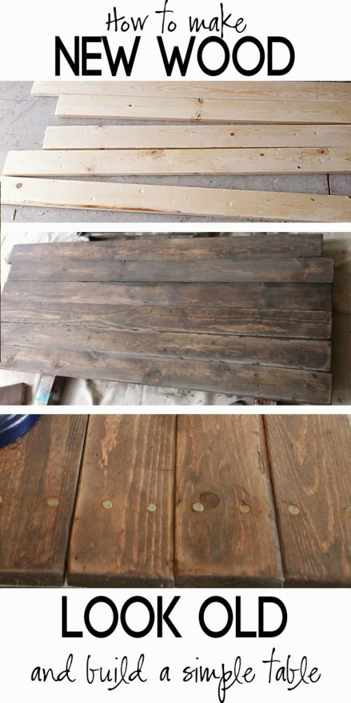 How to distress wood, make new wood look like barn wood and build a simple rustic sofa table. 
