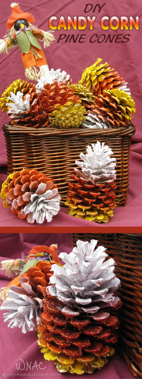 DIY Candy Corn Pine Cones. 