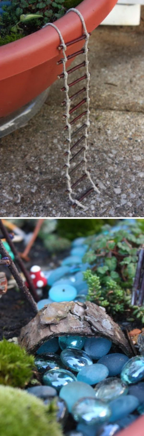 DIY Fairy Garden with Blue Glass Stones for a River. 