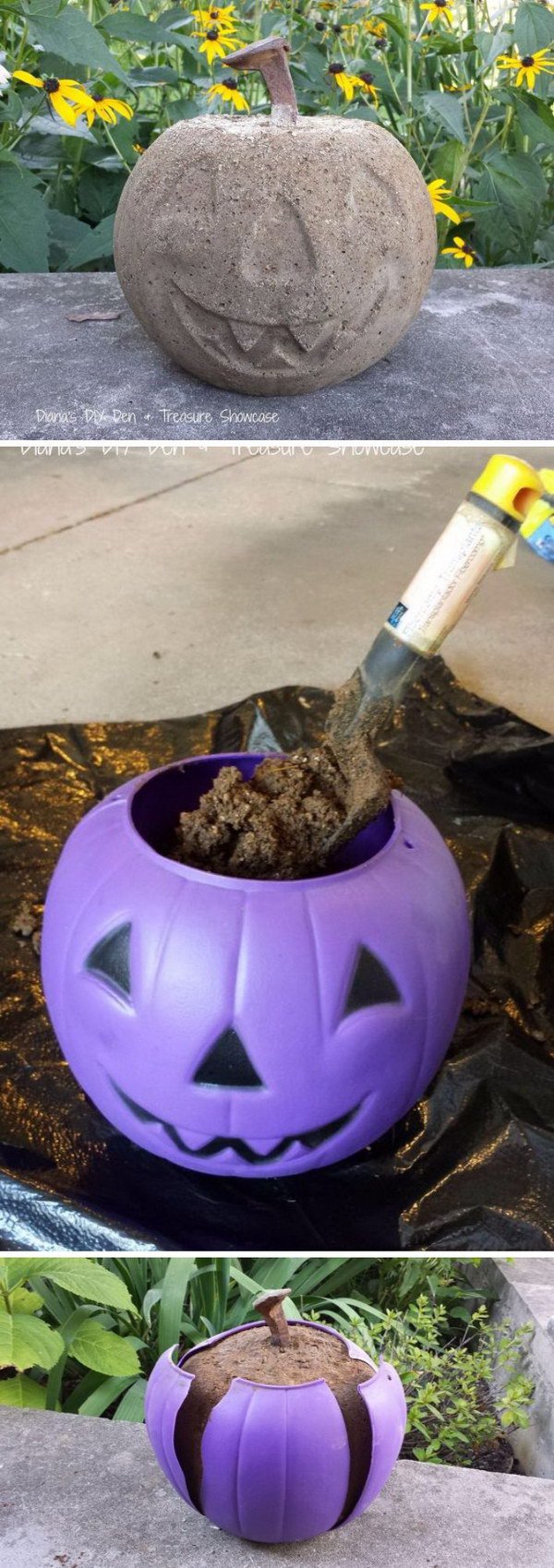 DIY Concrete Halloween Ornament from Dollar Store Plastic Pumpkin. 