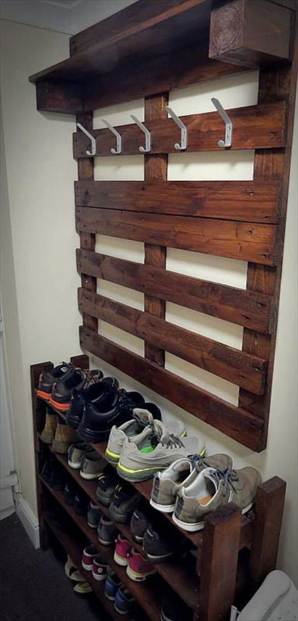 Hallway Pallet Coat Rack and Shoe Rack. 