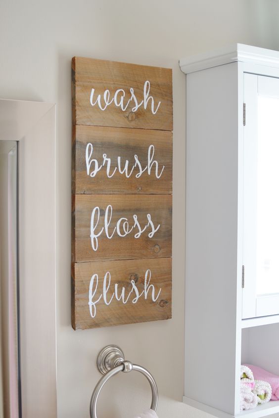 Wash Brush Floss Flush Wooden Sign in Kids' Bathroom. 