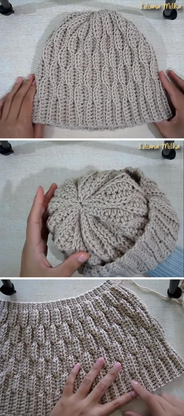 Crochet Textured Wave Stitch Hat. 