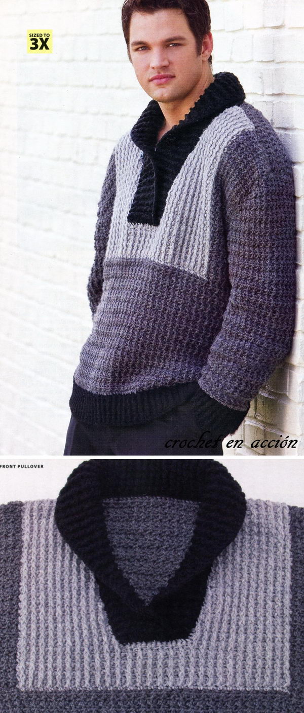 Crochet Tuxedo Front Pullover Sweater. 