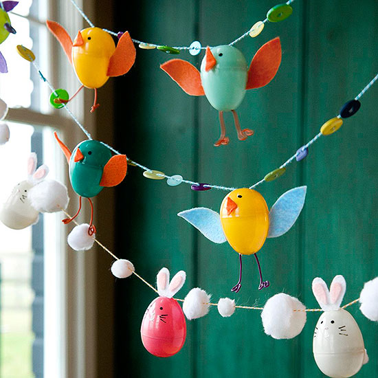 Make a Fun Easter Garland Using Plastic Eggs, Pom-poms, Buttons and Thread. 
