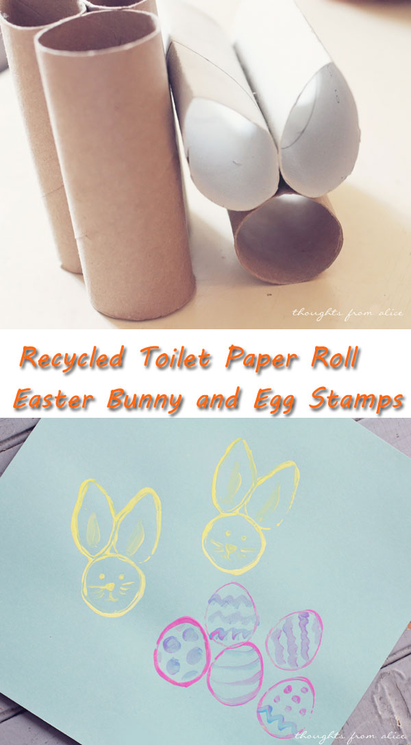 Recycled Toilet Paper Roll Easter Bunny and Egg Stamps. 